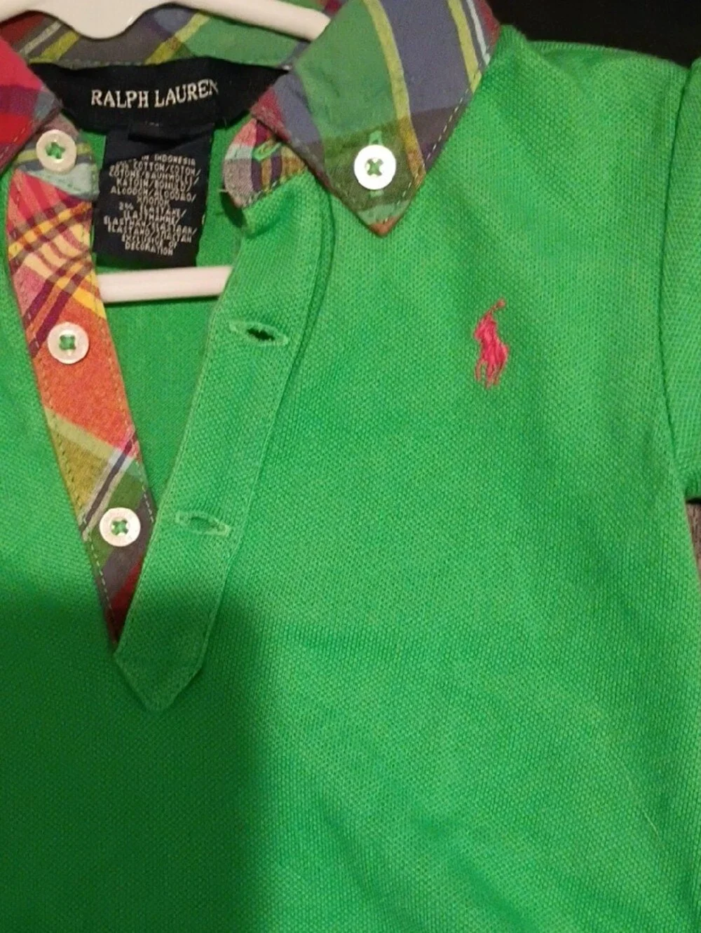 12 Month Ralph Lauren Bright Green Polo Dress with Plaid Collar